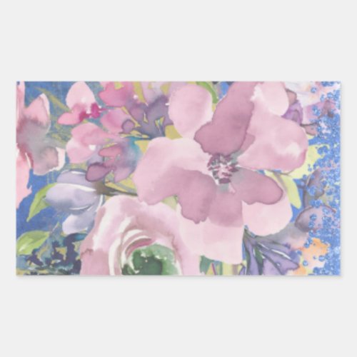 Lavender Blues Watercolor Floral Glitter Rectangular Sticker