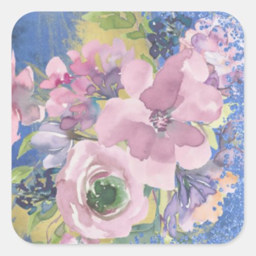 Lavender Blues Watercolor Floral Glitter Square Sticker