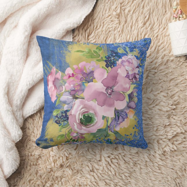 Lavender Blues Watercolor Floral Glitter Throw Pillow (Blanket)