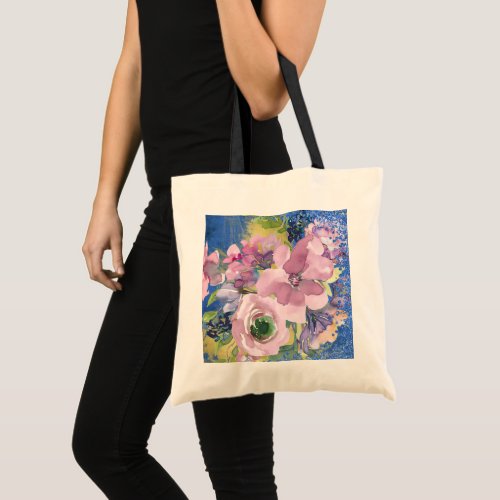 Lavender Blues Watercolor Floral Glitter Tote Bag