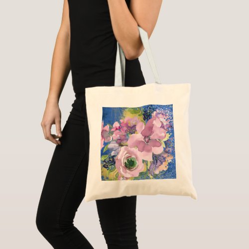 Lavender Blues Watercolor Floral Glitter Tote Bag