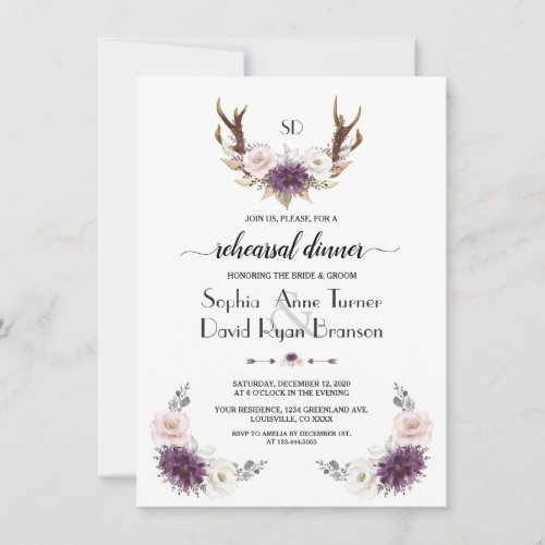 Lavender Blush Floral Antlers Rehearsal Dinner Invitation