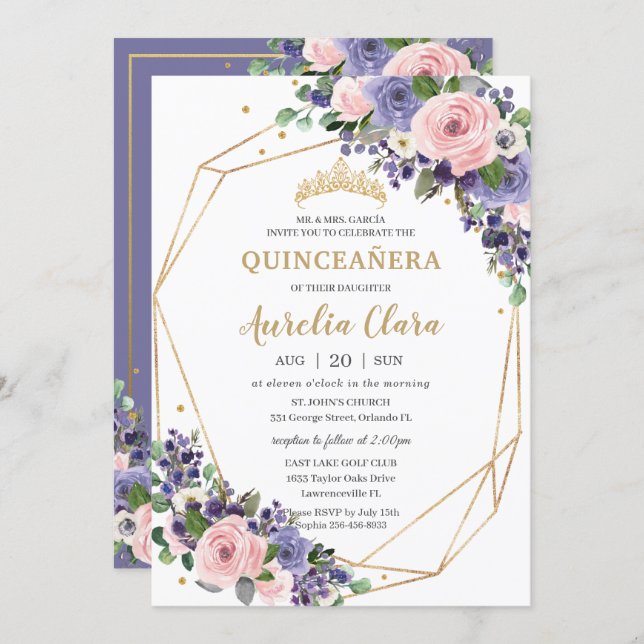 Lavender Blush Floral Geometric 16th Quinceañera  Invitation (Front/Back)