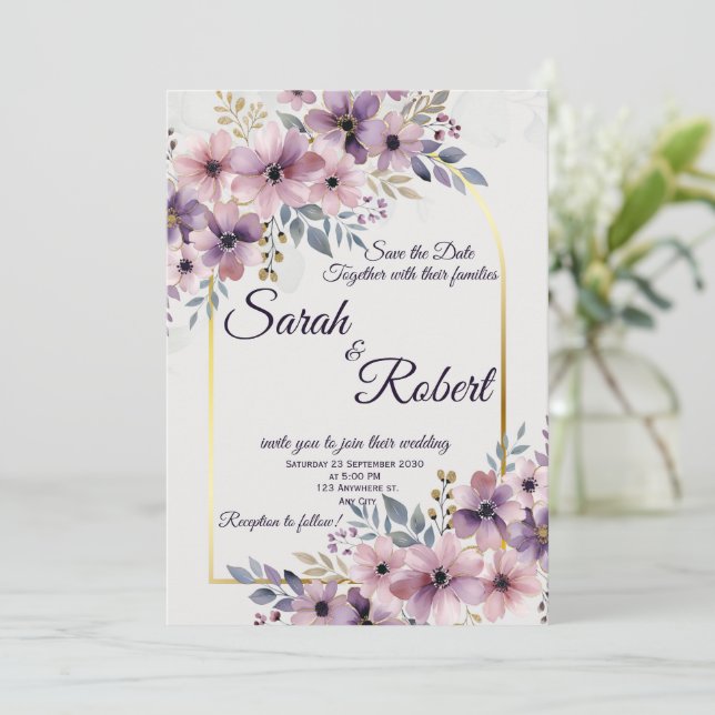 Lavender Blush Floral Gold Arch Wedding Invite (Standing Front)