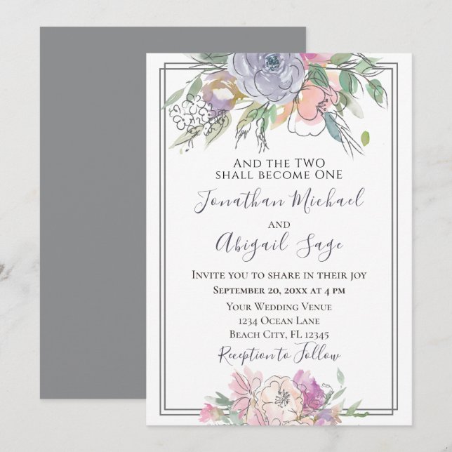 Lavender Blush Floral Grey Frame Christian Wedding Invitation (Front/Back)