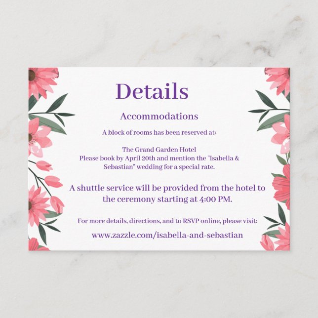 Lavender Blush Floral Wedding Details Card (Front)