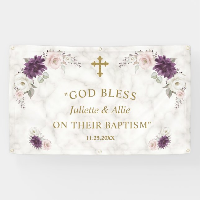 Lavender Blush Pink Flowers Baptism Welcome Sign (Horizontal)