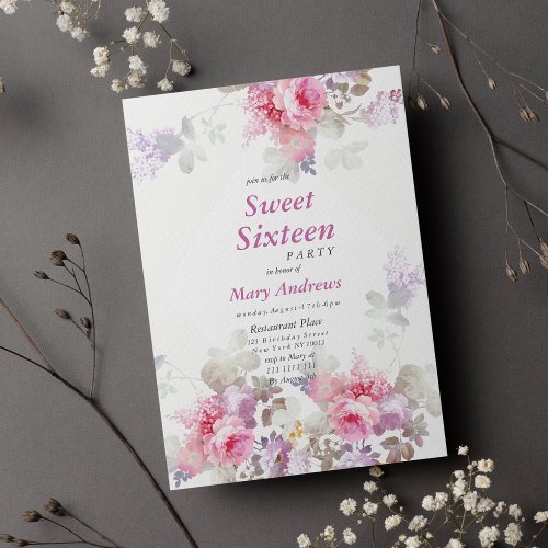 Lavender Blush Pink Vintage Floral Sweet Sixteen Invitation