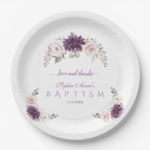 Lavender Blush White Floral Baptism Paper Plates