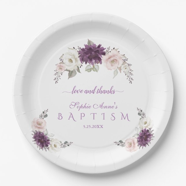 Lavender Blush White Floral Baptism Paper Plates (Front)