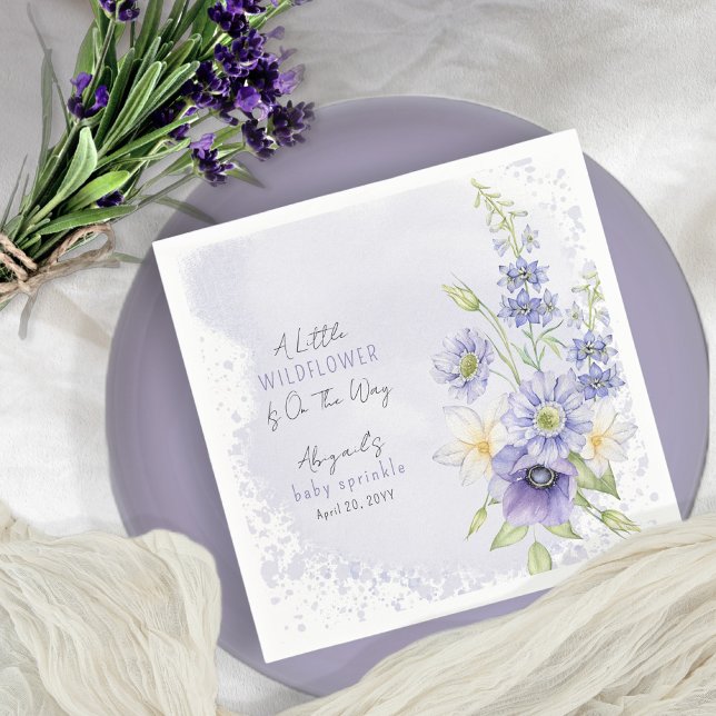 Lavender Boho A Little Wildflower Baby Sprinkle Napkins (A Little Wildflower Is On The Way Lavender Floral Baby Sprinkle Party Paper Napkins)