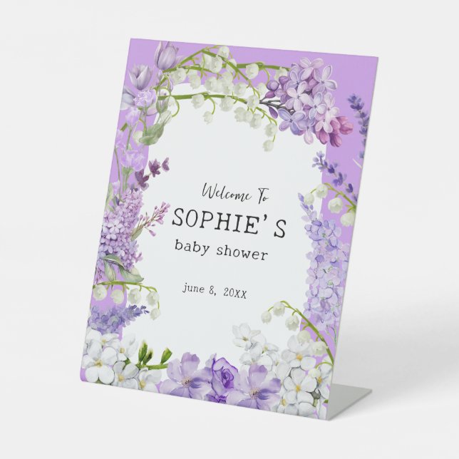 Lavender Boho Baby In Bloom Baby Shower Pedestal Sign (Front)
