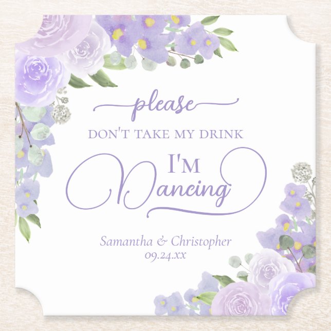 Lavender Boho Floral Don't Take My Drink Wedding Paper Coaster (Front)