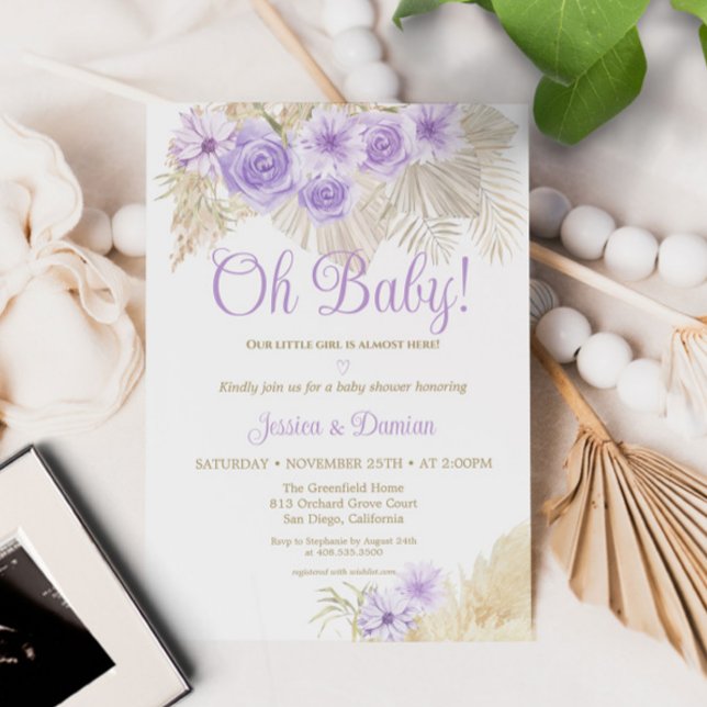 Lavender Boho Pampas Floral Palm Leaf Baby Shower Invitation (Creator Uploaded)