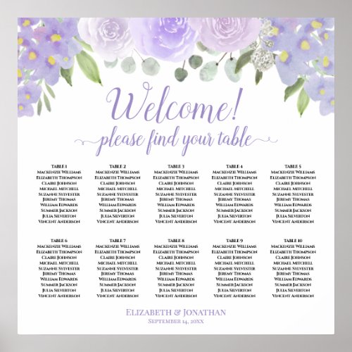 Lavender Boho Roses 10 Table Wedding Seating Chart