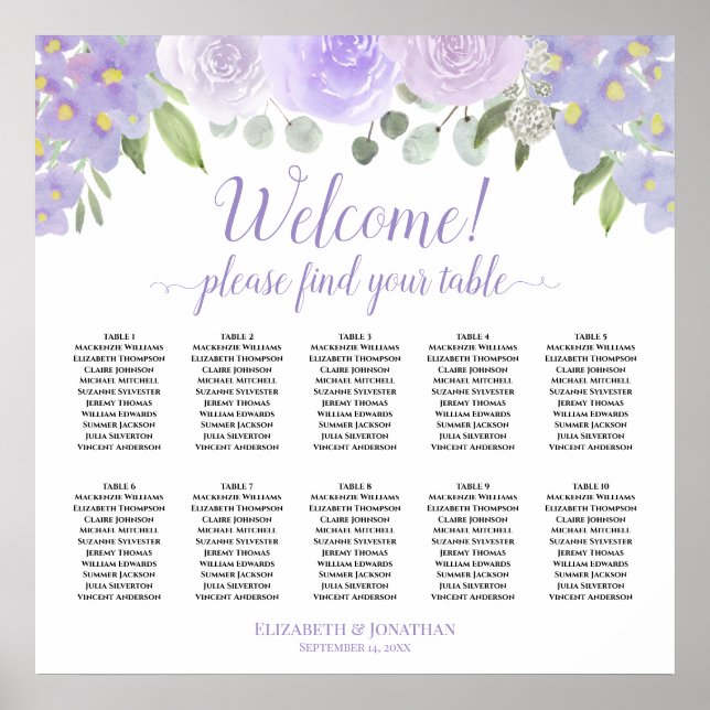 Lavender Boho Roses 10 Table Wedding Seating Chart (Front)