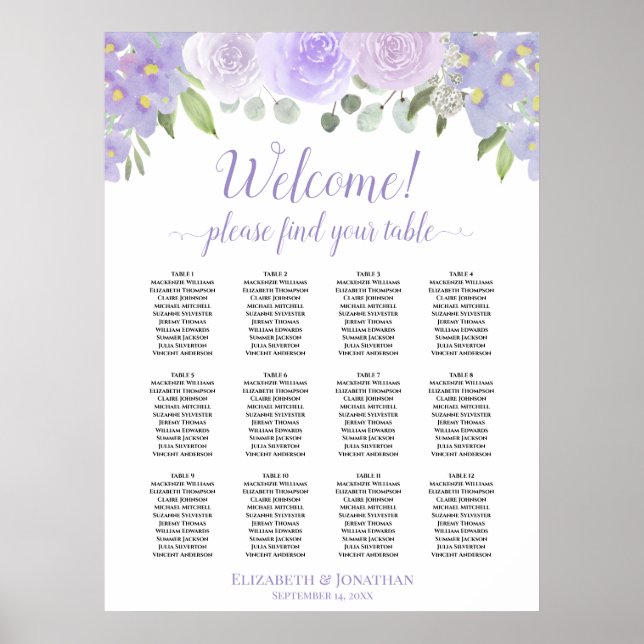 Lavender Boho Roses 12 Table Wedding Seating Chart (Front)