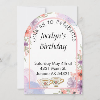 Lavender boho tea party calligraphy birthday invitation