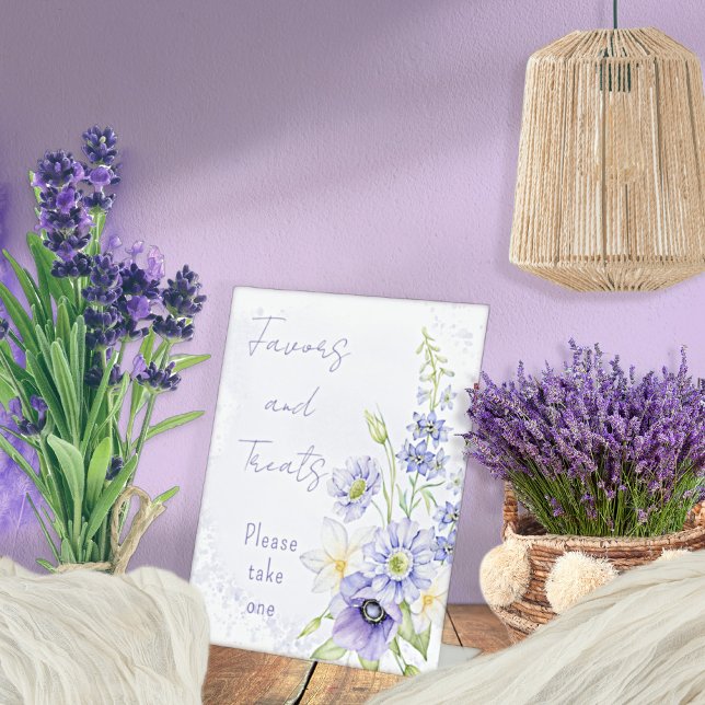 Lavender Boho Wildflower Favors and Treats Pedestal Sign (Little Wildflower Is On The Way Lavender Floral Baby Shower Favors and Treats Tabletop Pedestal Sign)