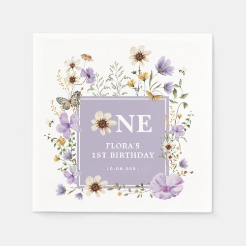 Lavender Boho Wildflower Girl 1st Birthday Party Napkins