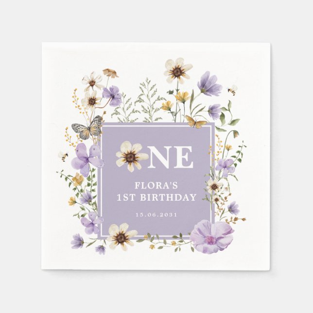 Lavender Boho Wildflower Girl 1st Birthday Party Napkins (Front)