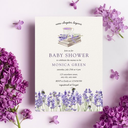 Lavender Book New Chapter Begins Baby Shower Invitation