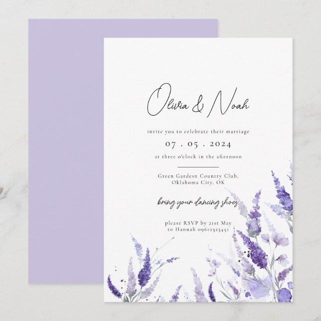Lavender Botanical Elegant Floral Pastel Wedding  Invitation (Front/Back)