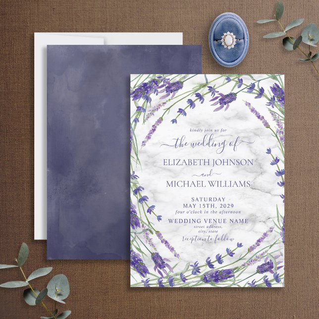 Lavender Botanical Frame Marble Watercolor Wedding Invitation (Creator Uploaded)