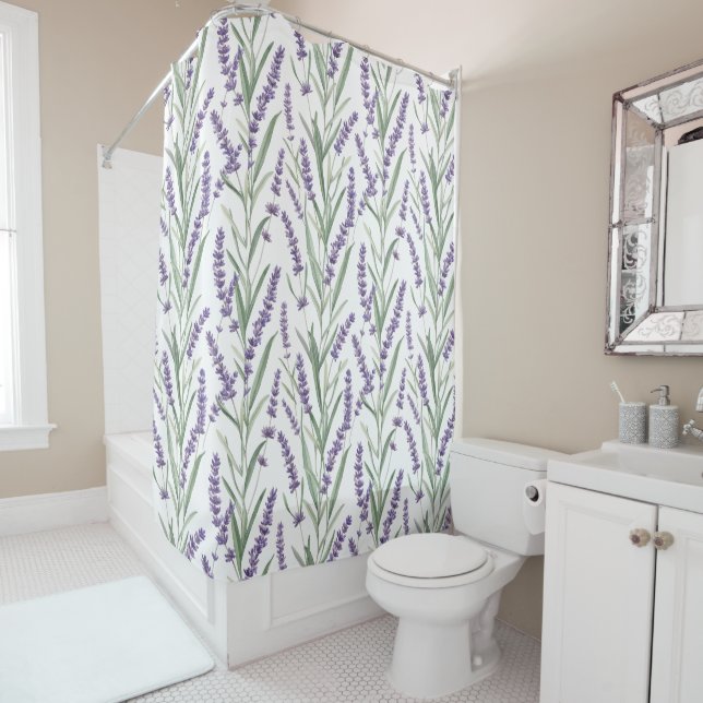 Lavender Botanical Pattern Shower Curtain (In Situ)