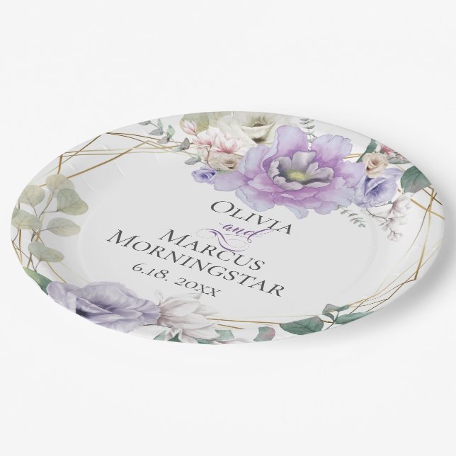 Lavender Botanical Peony Summer Wedding Paper Plates (Angled)