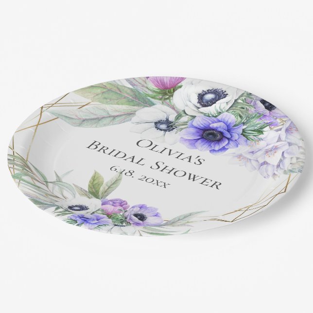 Lavender Botanical Violet Anemone Bridal Shower Paper Plates (Angled)