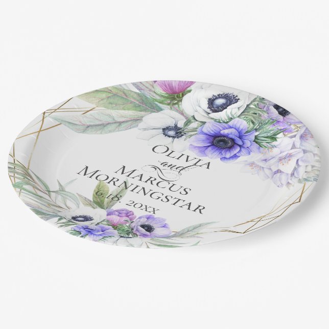Lavender Botanical Violet Anemone Floral Bouquets Paper Plates (Angled)
