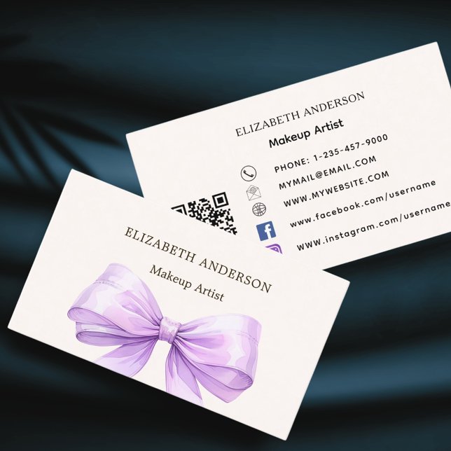 Lavender bow beige cream qr code social media business card (Creator Uploaded)
