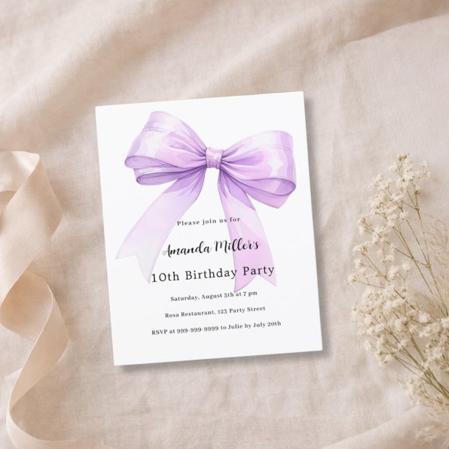 Lavender bow coquette girl birthday invitation (Creator Uploaded)