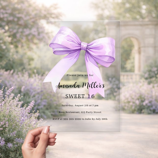 Lavender bow cream clear Sweet 16 Acrylic Invitations (Creator Uploaded)