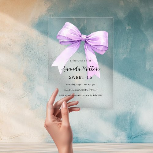 Lavender bow cream clear Sweet 16 Acrylic Invitations