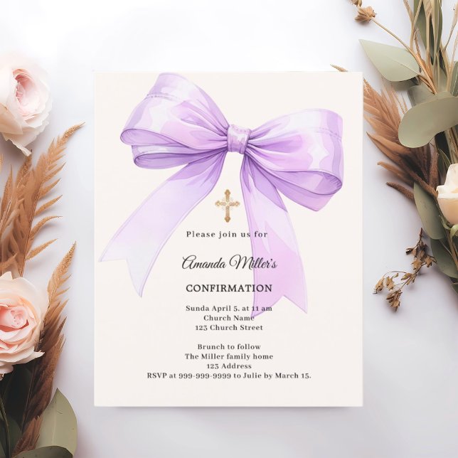 Lavender bow cream girl Confirmation invitation (Creator Uploaded)