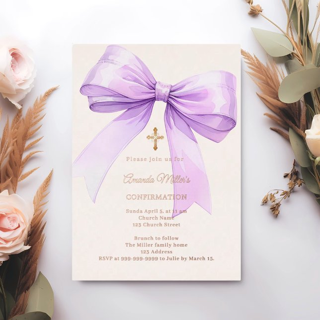 Lavender bow cream girl Confirmation rose gold Foil Invitation (Creator Uploaded)