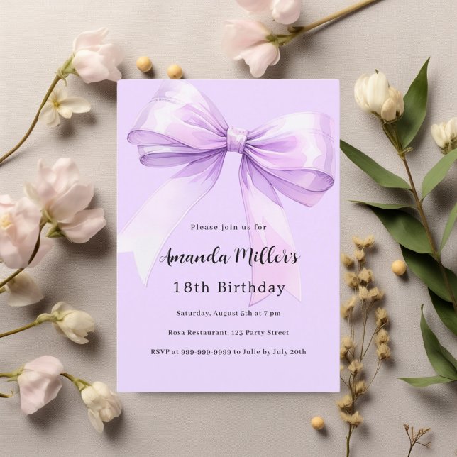 Lavender bow elegant birthday invitation (Creator Uploaded)