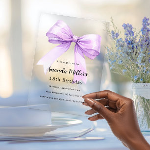 Lavender bow elegant clear birthday acrylic invitations