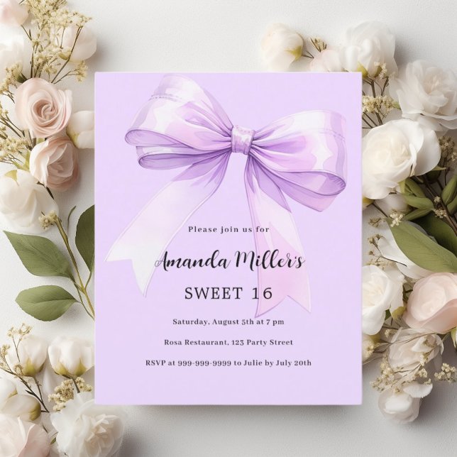 Lavender bow elegant Sweet 16 invitation (Creator Uploaded)