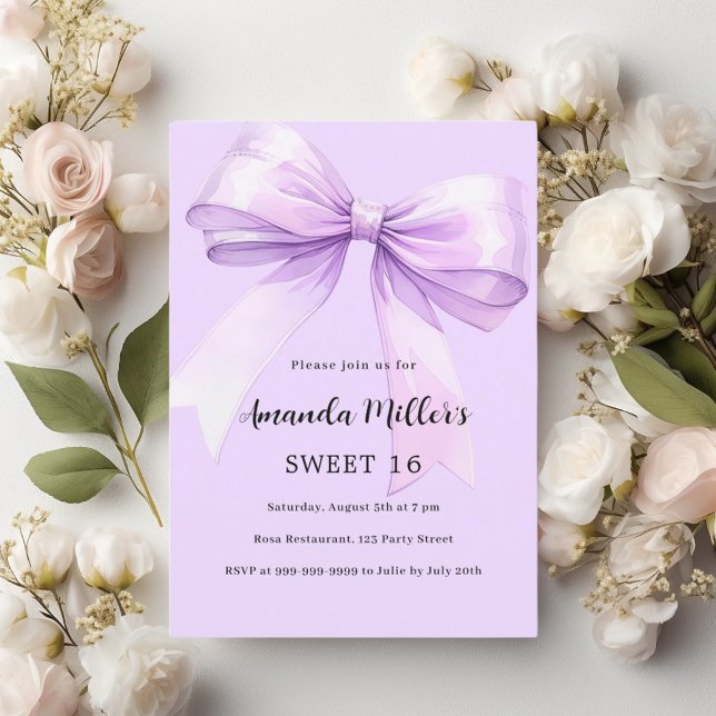 Lavender bow elegant Sweet 16 Invitation (Creator Uploaded)