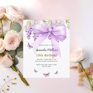 Lavender bow floral butterfly birthday invitation