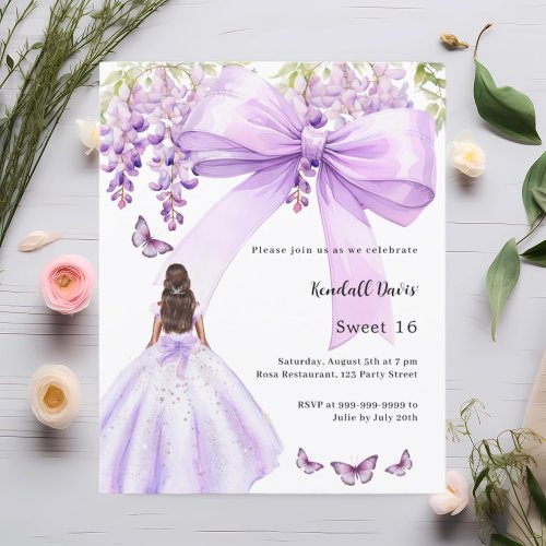 Lavender bow floral dress Sweet 16 invitation