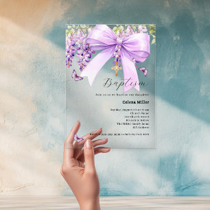 Lavender bow floral girl Baptism Acrylic Invitations