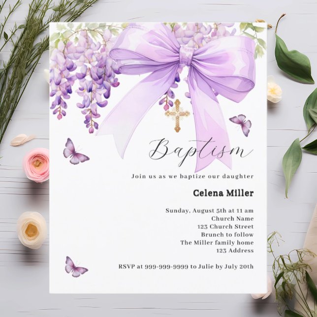 Lavender bow floral girl Baptism invitation (Creator Uploaded)