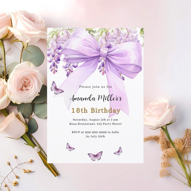 Lavender bow florals butterflies luxury birthday invitation (Creator Uploaded)