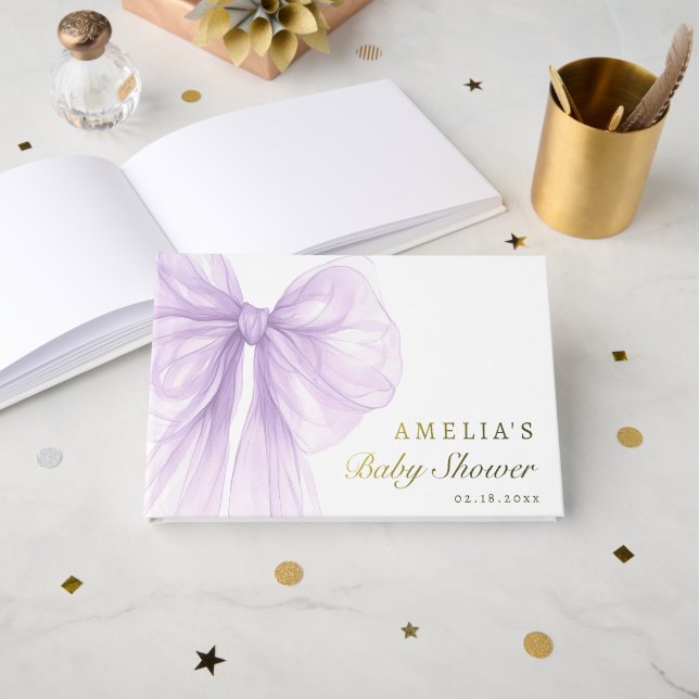 Lavender Bow Gold Foil Baby Guest Book (Front Open)