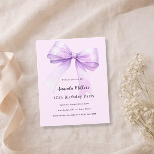 Lavender bow pink coquette birthday invitation
