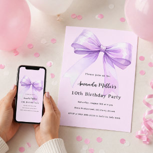 Lavender bow pink coquette girl birthday invitation